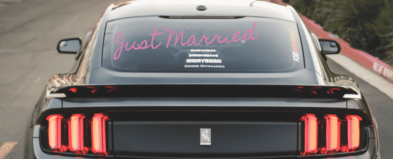 Mustang with writing on back glass