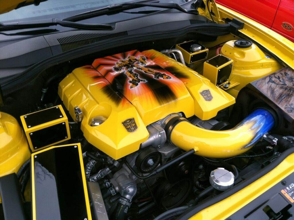 Chevy Camaro engine with Bumble Bee Transformer paint