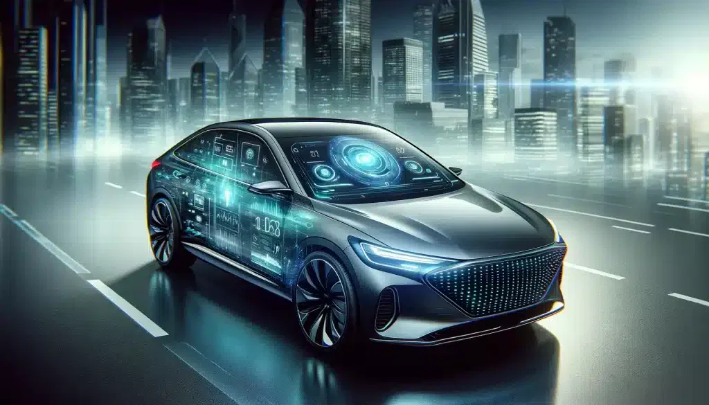A modern car showcasing advanced auto glass technology with smart features, parked in a futuristic cityscape, highlighting cutting-edge windshield design with UV protection and ADAS integration.