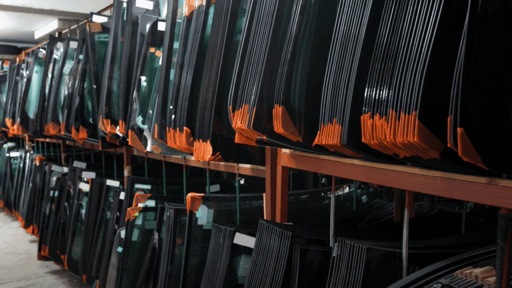 A large rack of new replacement auto glass.