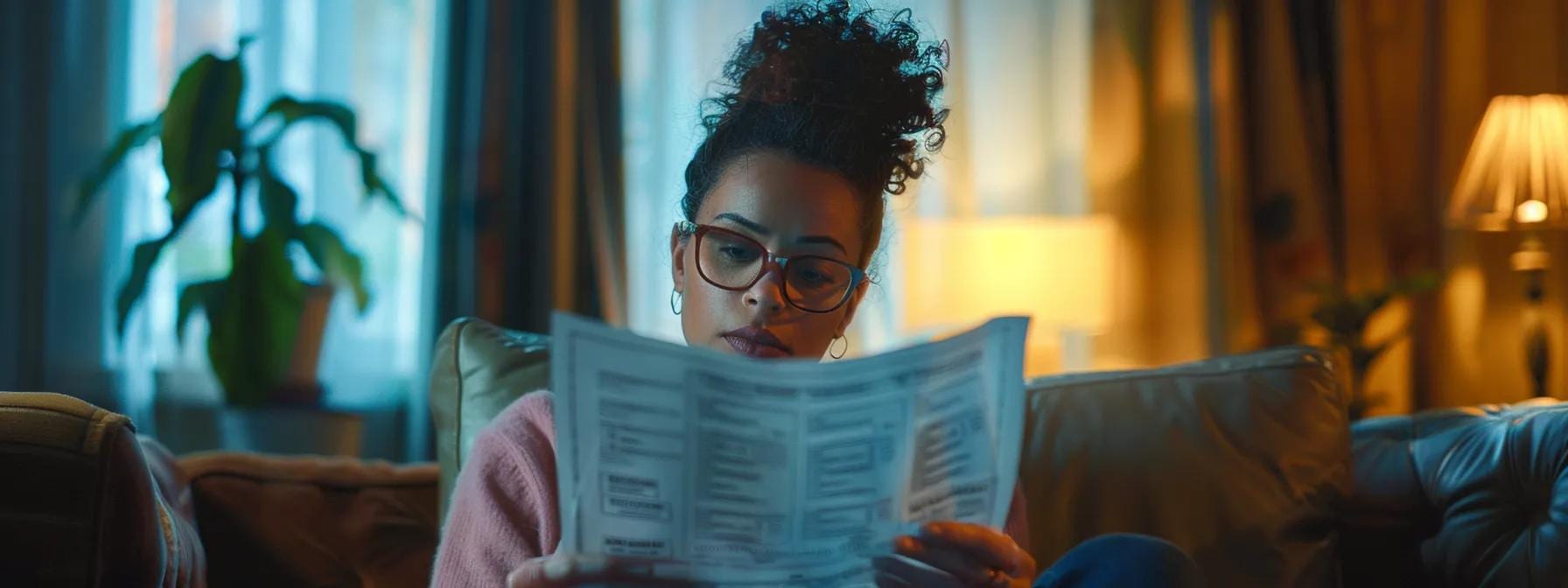A woman looking over her insurance bill while sitting on a brown leather couch with a plant in the background.