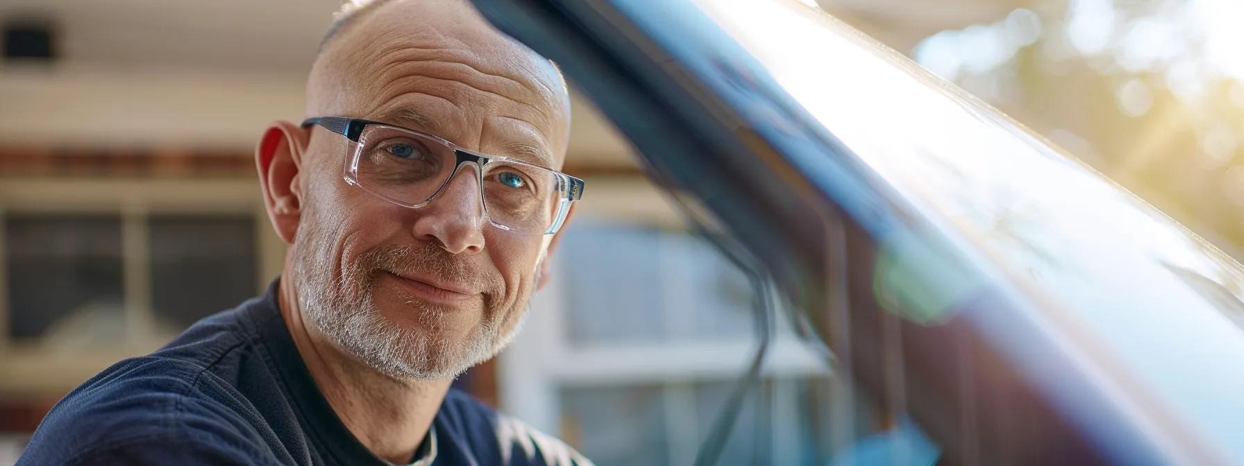 a skilled technician wearing safety glasses, looking at the camera, and preparing to install an OEM windshield.