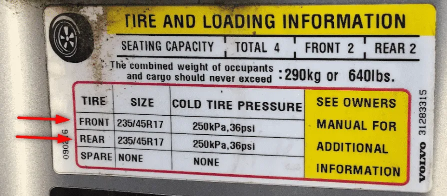tire size on door jam