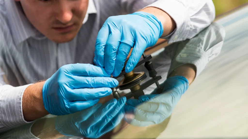 A windshield repair technician with blue gloves using a Delta repair took to fix a chipped windshield.