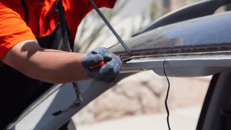 Glass technician removing old urethane 1 768x432