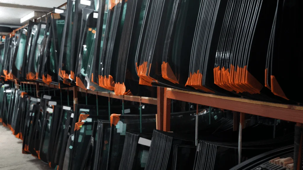 A large rack of new windshields in a warehouse.