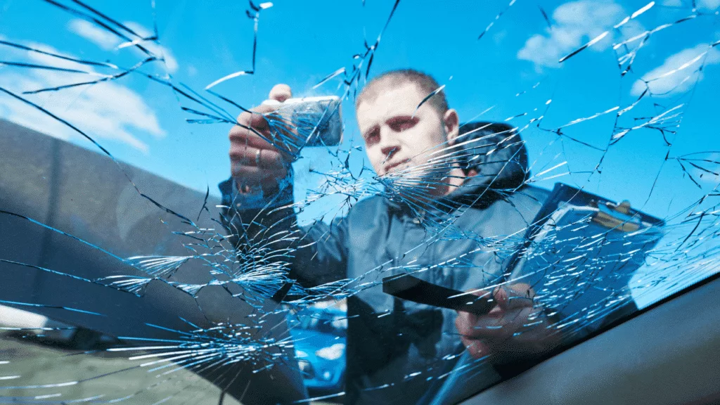 Auto glass expert taking a photo of a windshield with multiple cracks in it.